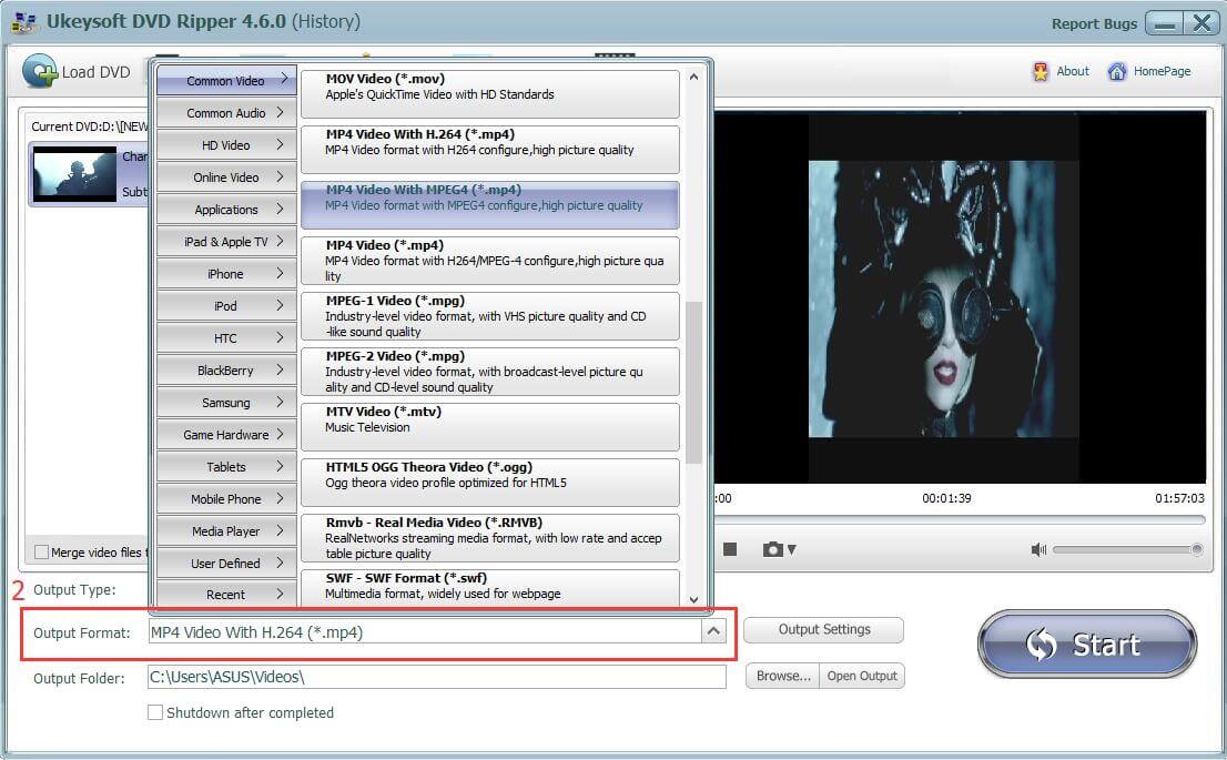 select mp4 as output format