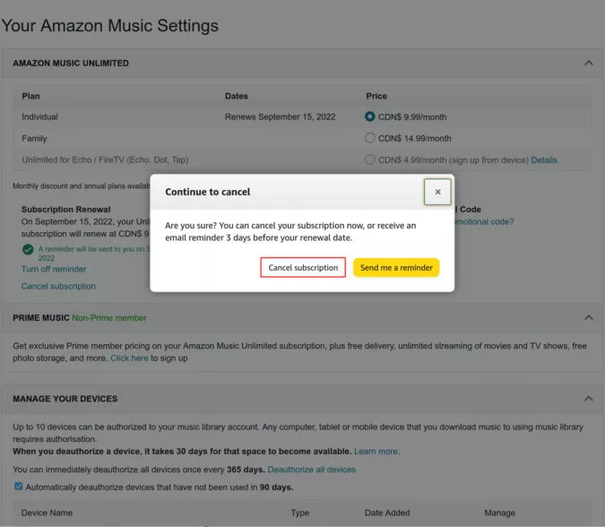 cancel amazon music on desktop